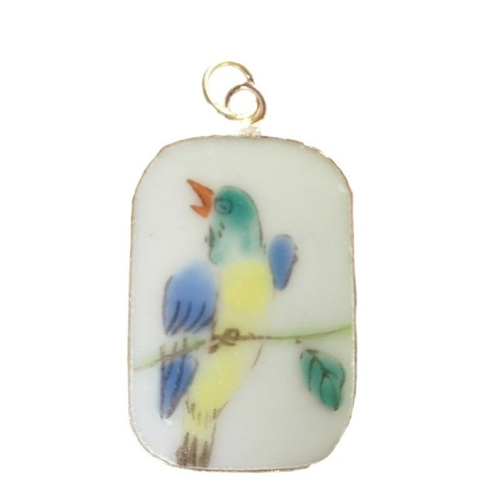 Vintage Hand Painted Porcelain Bird Pendant Rectangular Charm Parrot Jewelry